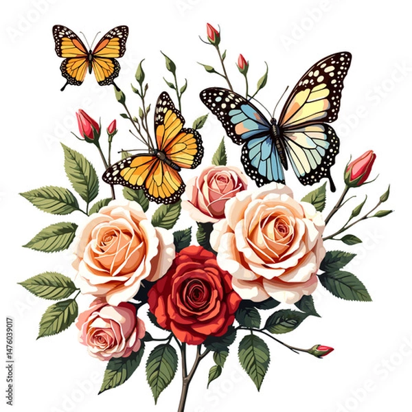 Obraz Beautiful floral arrangement with roses and colorful butterflies on a transparent background, vector illustration