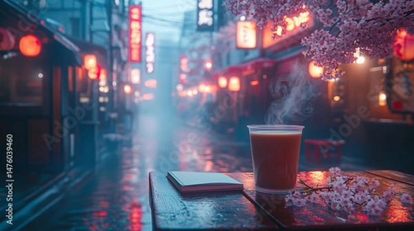 Obraz A serene evening scene featuring a steaming cup of coffee on a wooden table, surrounded by cherry blossom trees in a vibrant urban setting