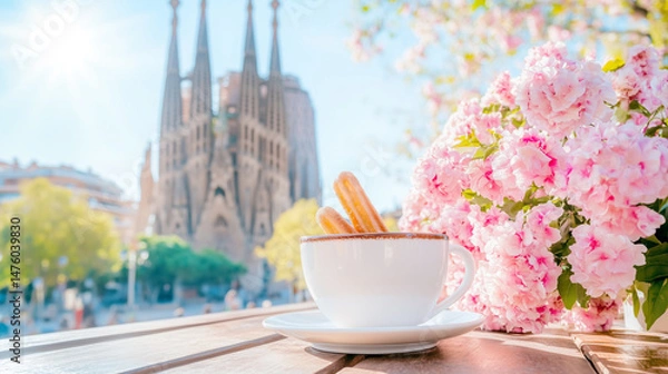 Obraz Spring blossoms in soft pink hues, accompanied by a cup of coffee and pastries, showcasing a charming outdoor dining experience