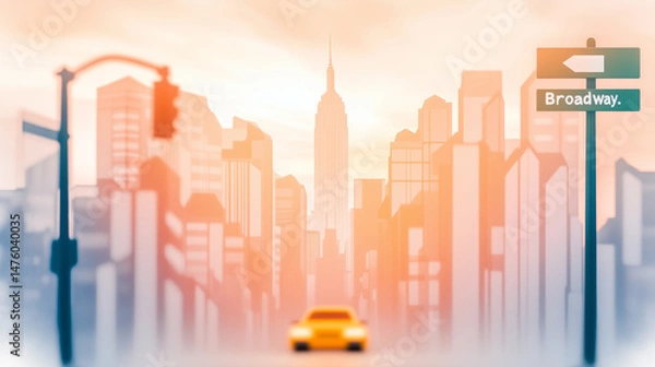 Obraz A soft-focus view of a city skyline at twilight, featuring a yellow taxi and a Broadway sign, embodying the essence of metropolitan life
