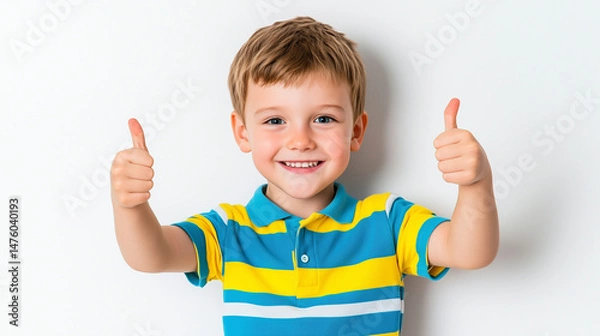 Obraz A cheerful young boy smiles and gives a thumbs up, showcasing positivity and confidence in a bright and colorful striped shirt