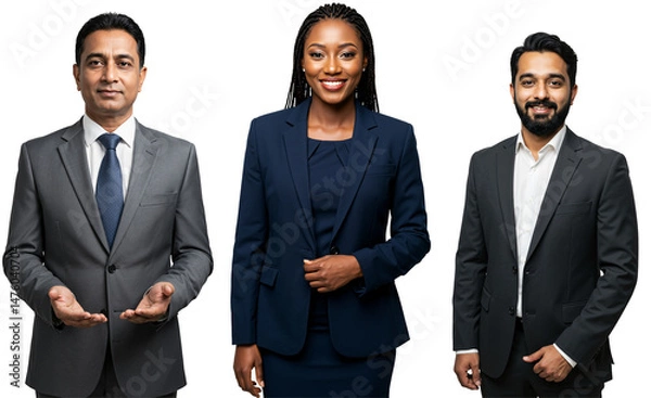 Fototapeta Diverse group of three business professionals, including an older South Asian man, a young Black woman, and a young South Asian man, posing in suits against a black studio background.