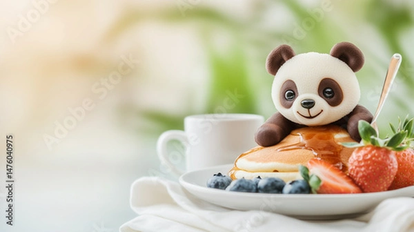 Obraz Charming panda dessert atop fluffy pancakes, accompanied by fresh berries and a cup of tea, perfect for a cozy breakfast