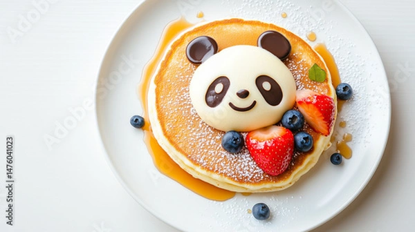 Obraz Whimsical panda pancake topped with berries, featuring a playful design for a delightful breakfast treat. children's menu desserts.