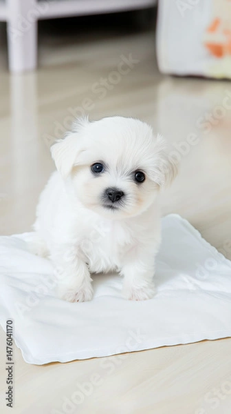 Obraz An adorable fluffy white puppy sitting on a clean white cloth, looking curiously at the camera in a cozy indoor setting