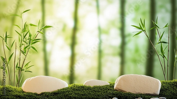 Obraz A vibrant green backdrop featuring bamboo and stones, conveying a sense of growth and tranquility, perfect for wellness themes