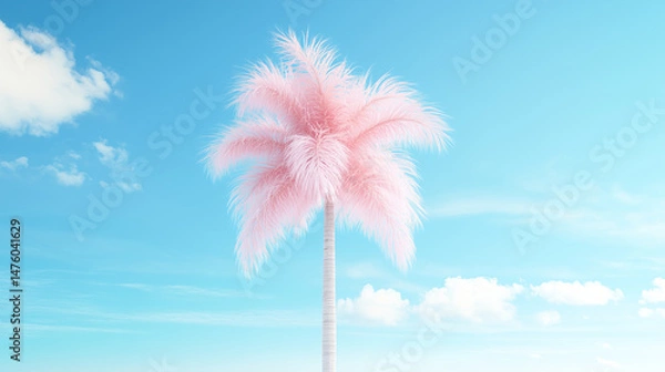 Obraz blue sky, pink palm tree, infrared photo effect. A serene sky with soft clouds, creating a peaceful atmosphere perfect for relaxation. 