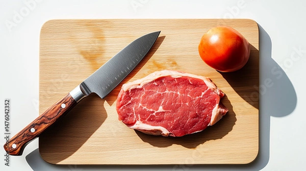 Obraz A sharp kitchen knife on a wooden cutting board with a steak and fresh tomato, showcasing food preparation essentials