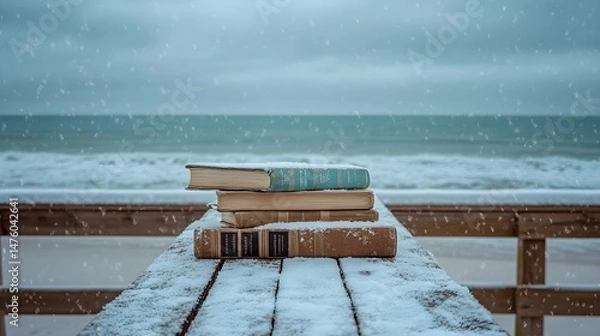 Obraz Snow-Dusted Books on Winter Beach Boardwalk, Generative AI