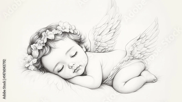 Obraz A serene illustration of a sleeping baby angel with a floral crown, radiating tranquility and innocence