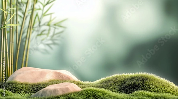 Obraz A serene landscape featuring bamboo, smooth stones, and lush green moss, evoking tranquility and natures beauty