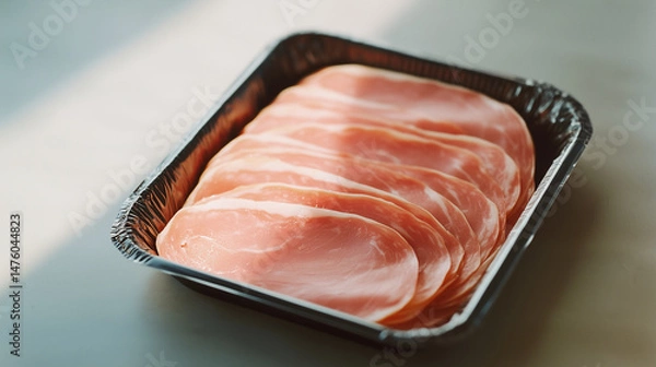 Obraz Thinly sliced ham arranged neatly in a tray, highlighting the freshness and quality of meat products, ideal for charcuterie
