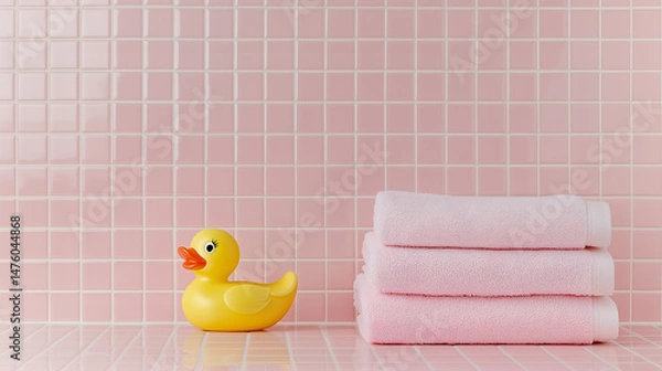 Obraz Stack of soft pink towels beside a cheerful rubber duck, set against a pastel tiled background, ideal for bathroom decor