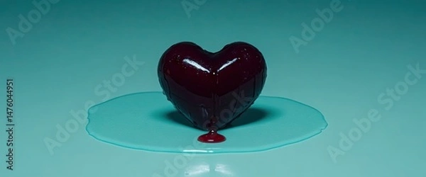 Fototapeta A heart-shaped liquid, dripping onto a glossy surface against a pale cyan background