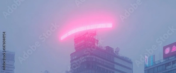 Fototapeta Cityscape with pink neon light above building under a hazy gray sky