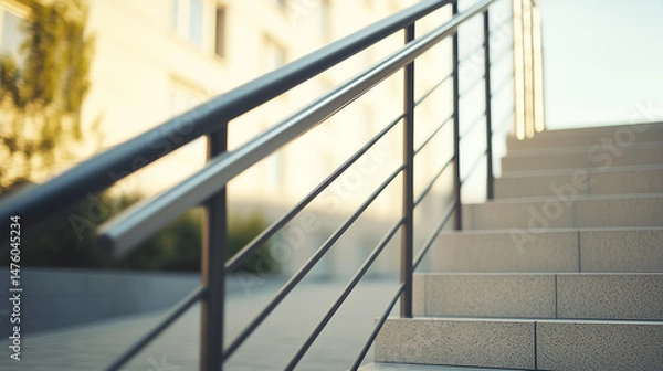 Obraz Close-up view of stairs with modern railings, highlighting architectural design and urban elements in a serene environment
