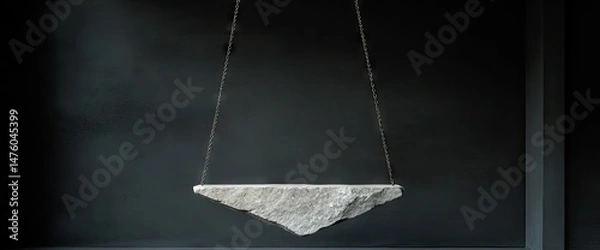 Fototapeta Stone piece hanging by metal wires on dark background, stone appears fragmented with a sharp, triangular point