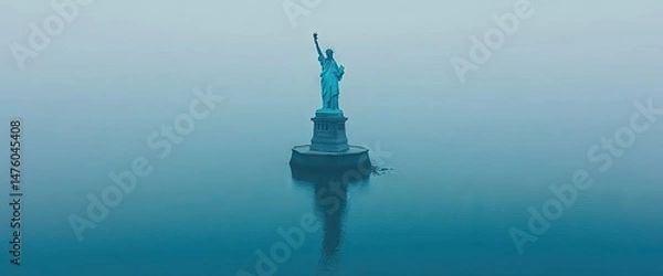 Fototapeta Statue stands tall on a small island, surrounded by a foggy, calm sea, reflecting in the water