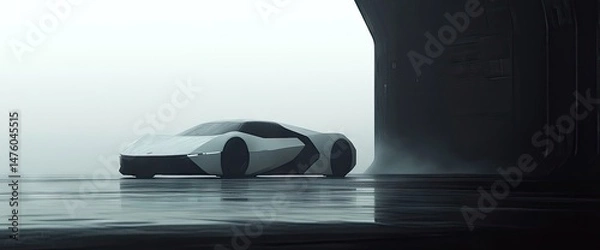 Fototapeta Sleek vehicle design with striking silhouette in a misty, futuristic garage setting