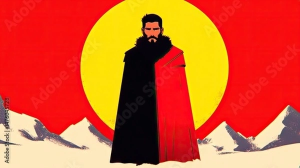 Fototapeta Man in cloak against vibrant sunset backdrop