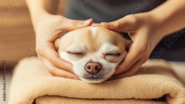 Obraz A small dog relaxing during a gentle massage, showcasing the importance of relaxation and care for pets