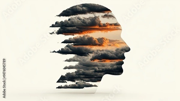 Fototapeta Silhouette head filled with dramatic clouds and an orange sky