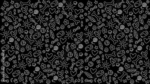 Fototapeta White doodles of pet related items on a black background creating a seamless pattern design