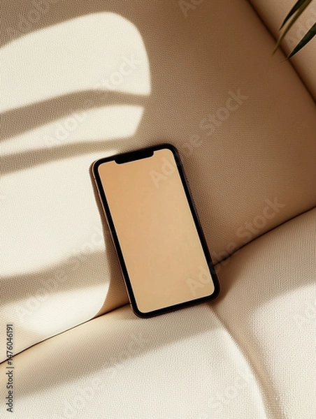 Obraz A phone with an empty screen for your image is lying on a light sofa.
