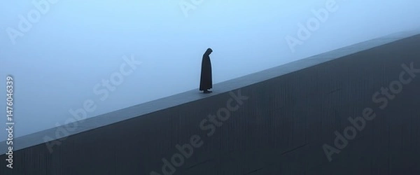 Fototapeta Solitary figure ascends a misty incline
