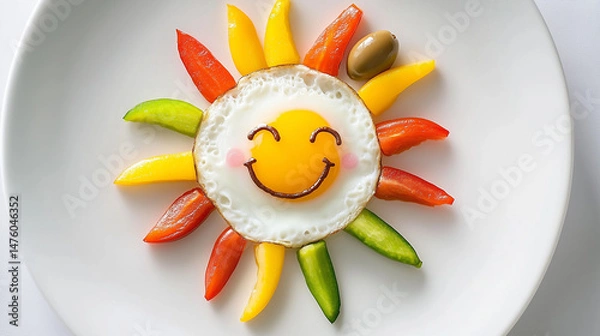 Obraz A vibrant sun-inspired plate with an egg and assorted veggies, designed to bring joy and a healthy start to the day