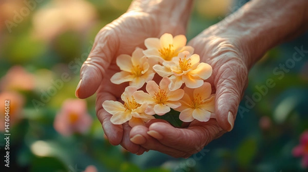 Obraz A pair of hands an elderly man gently holds delicate yellow flowers, symbolizing care and beauty in nature. the contrast of old hands and delicate young flowers.