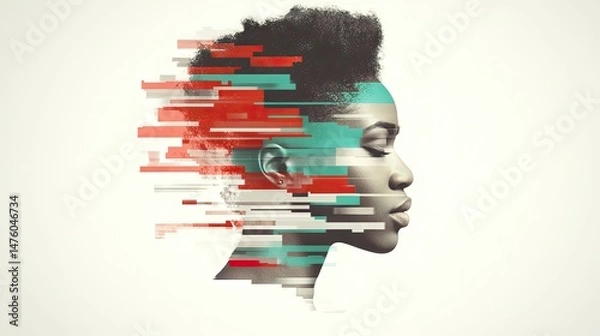 Fototapeta A person?s portrait with horizontal abstract lines across the face against a white background