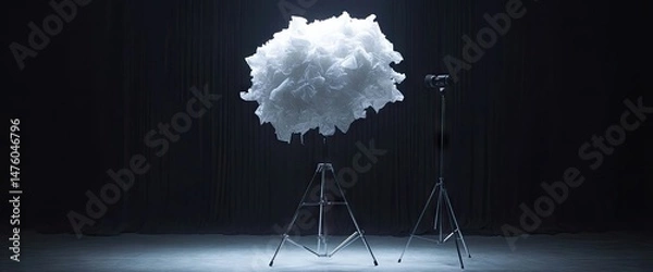 Fototapeta Fluffy cotton cloud in studio setting, with tripod stands and soft lighting, on dark backdrop