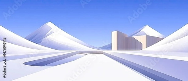 Fototapeta Snowy scene with mountains, building, and blue sky; modern art