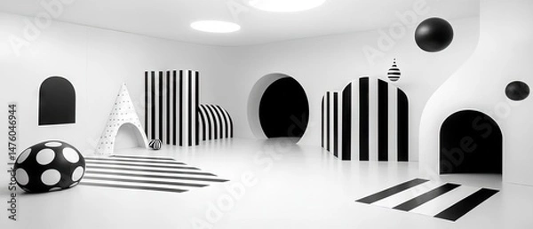 Fototapeta Surreal monochromatic scene with geometric shapes and contrasting patterns in a modern room