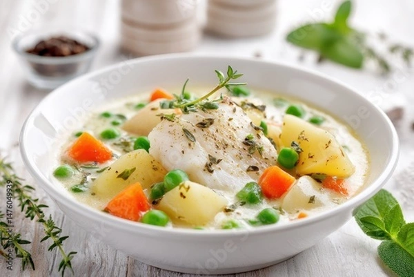 Fototapeta Cod and vegetable chowder in a white bowl garnished with sage and thyme on a white table with ingredients vertical shot