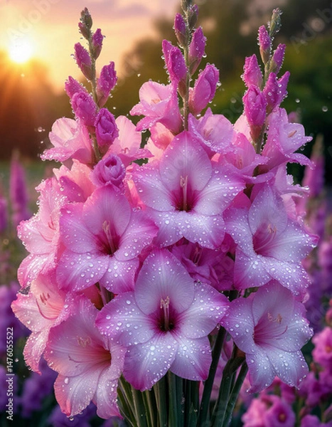 Obraz Pink gladiolus flowers in sunlight with morning dew and vibrant green background