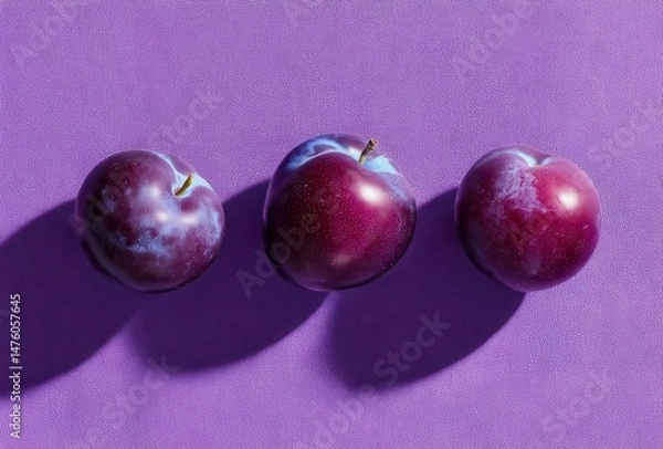 Obraz Three Fresh Plums Arranged on Purple Background with Shadows Casting Beautiful Shapes and Textures for Food Photography and Culinary Use