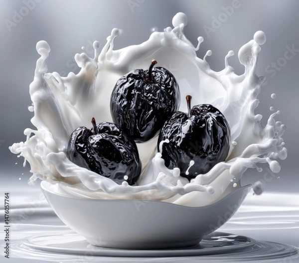 Obraz Three Glossy Black Apples Splashing in Fresh Milk with Dynamic White Liquid Surrounding on a Soft Blurred Background