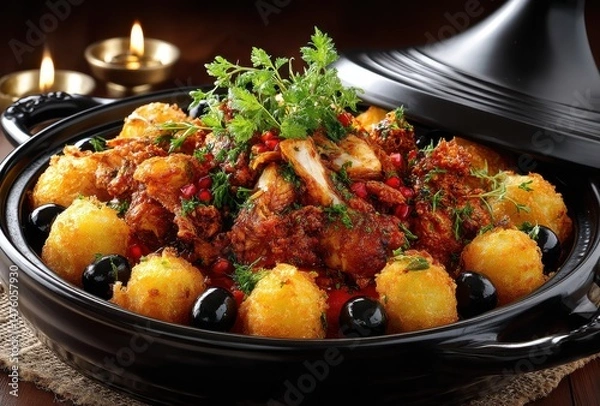Obraz Traditional dish featuring juicy chicken with spices, garnished with fresh herbs and served with golden potato balls on a rustic table setting