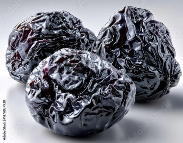 Obraz Three Wrinkled Black Prunes on a Light Background, Highlighting Their Unique Texture and Color with a Soft Reflection for Culinary and Health Themes