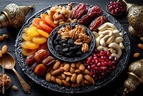 Obraz Traditional Middle Eastern Dessert Platter with Dried Fruits, Nuts, and Pomegranate Seeds on a Dark Surface, Beautifully Arranged for a Festive Occasion