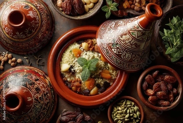 Obraz Traditional Moroccan Cuisine with Colorful Tagines, Couscous, Dried Fruits, Nuts, and Fresh Mint for Authentic Culinary Experiences