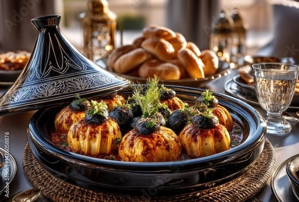 Obraz Traditional Moroccan Tagine Dish Served with Delicious Ingredients and Elegant Table Setting, Featuring Beautiful Presentation and Cultural Elements
