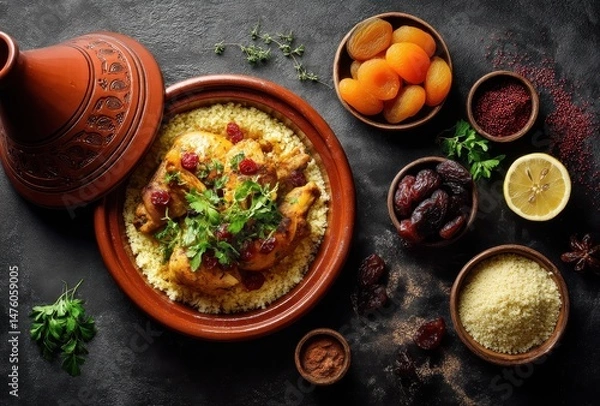 Obraz Traditional Moroccan tagine dish with chicken, dried fruits, spices, and fresh herbs served over fluffy couscous on a dark textured background