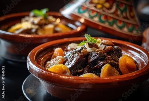 Obraz Traditional Moroccan Tagine Dish with Dried Fruits and Nuts Served in Beautiful Earthenware Pot on Dark Table