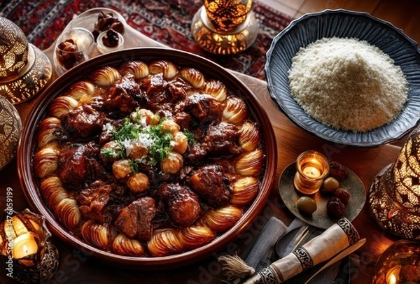 Obraz Traditional Moroccan Tagine Dish with Tender Meat, Vegetables, and Fragrant Spices Served with Aromatic Couscous on a Beautifully Decorated Table
