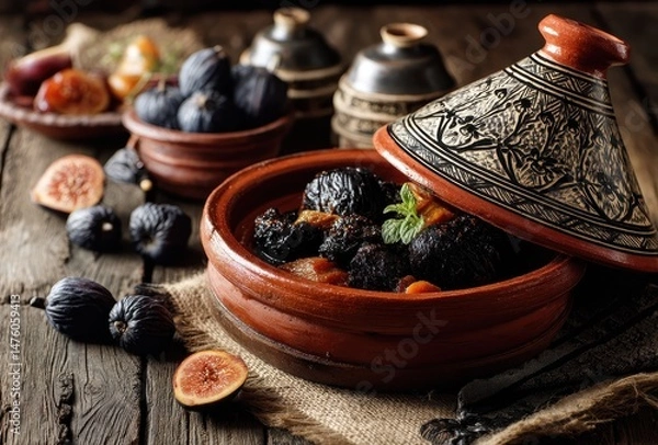 Obraz Traditional Moroccan Tagine with Dried Fruits and Fresh Figs on Rustic Wooden Table with Decorative Pottery and Natural Textiles