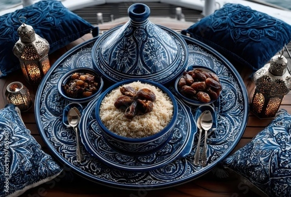 Obraz Traditional Moroccan Tagine with Spiced Rice and Dates Surrounded by Exotic Lanterns and Plush Pillows on a Wooden Table