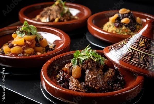 Obraz Traditional Moroccan Tajine Dishes with Colorful Ingredients Served in Rustic Clay Pots for Authentic Culinary Experience
